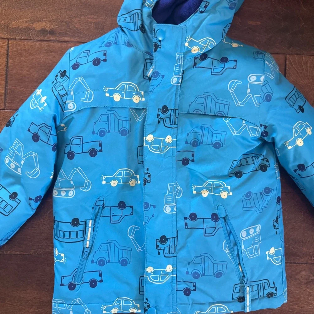Cat & Jack Boys Blue Construction Vehicle Hooded Winter Jacket 5T Puffer Coat